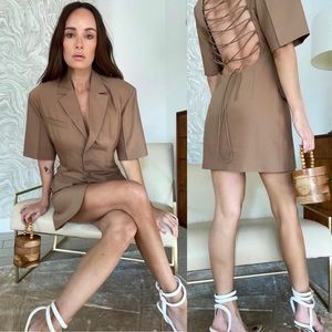 MATERIEL | Open Lace Up Back Neutral Beige Linen Blazer Dress Sz: 6